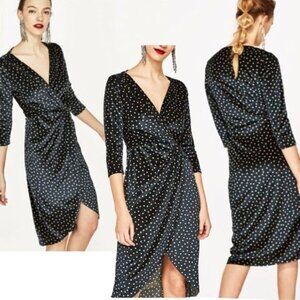 ZARA dark green cream velvet polkadot V-neck wrap dress ruched Sz S